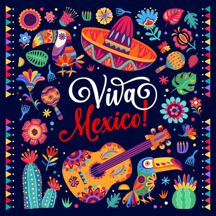 Wektor baner świąteczny viva mexico z tukanem, kapeluszem sombrero, tropikalnymi kwiatami i gitarą tło wektorowe oddaje żywą esencję kultury meksykańskiej idealny do świętowania specjalnych okazji lub wydarzeń