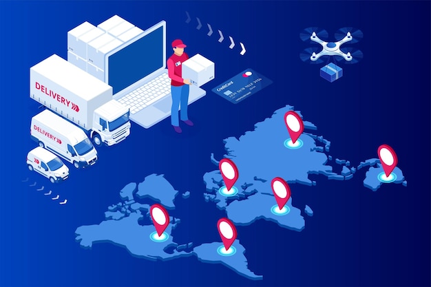 Plik wektorowy baner szablonu sieci web izometrycznej logistyki i infografiki dostawy dostawa do domu i biura