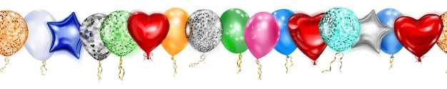 Baner z latającymi kolorowymi balonami z helem w różnych kształtach i kolorach z bezszwową poziomą powtarzalnością na białym tle