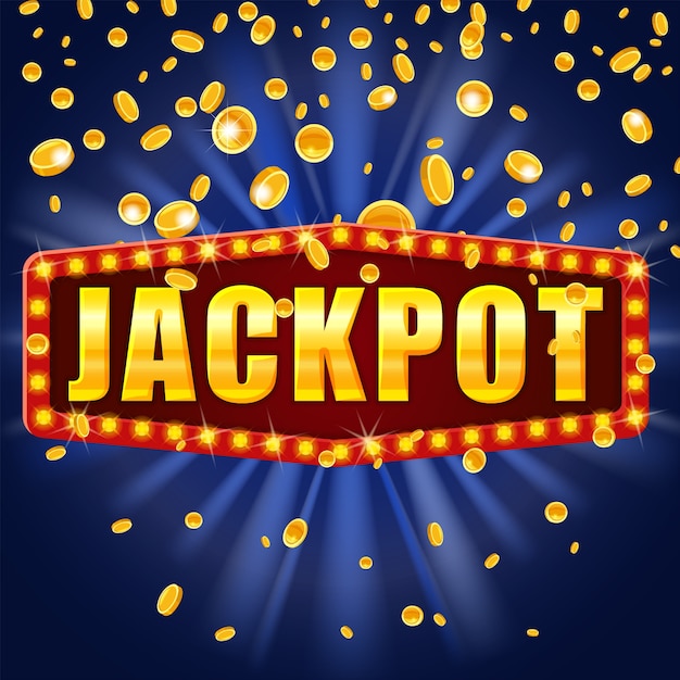 Plik wektorowy baner zwycięzcy nagrody jackpot świecący retro znak oświetlony przez spadające monety.