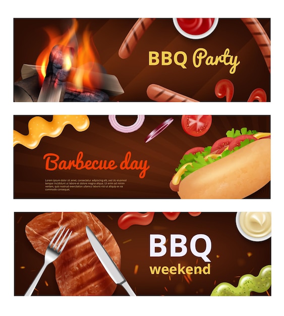 Banery Bbq Kiełbasa Posiłkowa Na Grill Party Hot Dog Burgery Ze Stkiem Napój Jedzenie Porządne Zdjęcia Promocyjne Wektorowe Z Miejscem Na Tekst