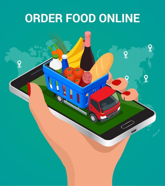 Plik wektorowy banery do zamawiania jedzenia online na stronie internetowej, dostawy jedzenia i dostawy dronem. koncepcja zakupów online. ilustracja wektorowa izometryczny.