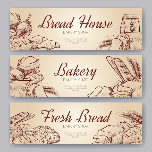 Plik wektorowy banery piekarnicze. ręcznie rysowane gotowanie chleb piekarnia bajgiel pieczywo ciasto żyto piec do pieczenia pumpernikiel kulinarny zestaw banner