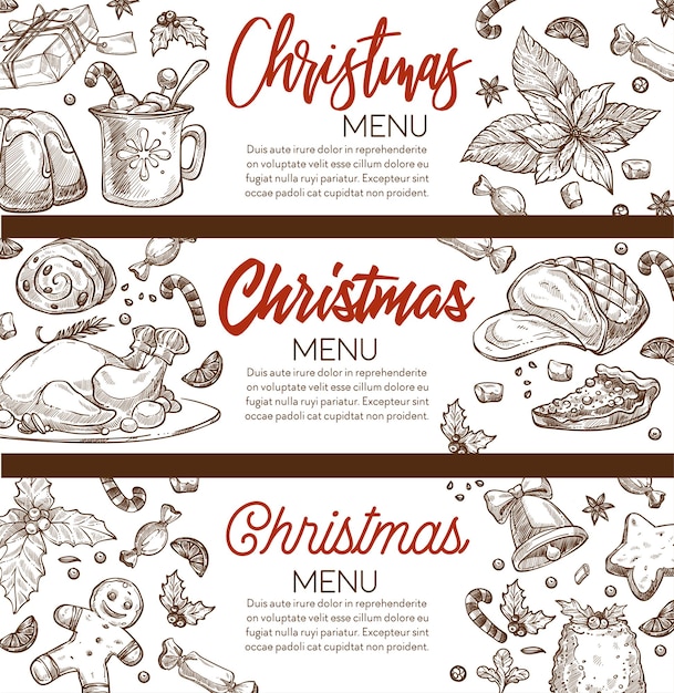 Banery Xmas Menu Z Kaligraficznym Napisem I Miejscem Na Kopię. Pierniki, Szynka I Budyń, Mięso I Ciasta Na święta Bożego Narodzenia. Zarys Szkicu Monochromatycznego, Wektor W Stylu Płaski