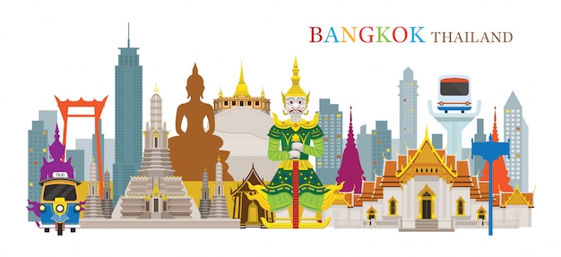 Plik wektorowy bangkok, tajlandia i zabytki, atrakcje turystyczne, scena miejska