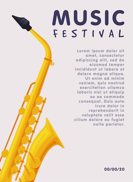 Banner festiwalu muzycznego z instrumentem muzycznym saksofonem i miejscem dla tekstu Reklama Plakat Brochura Flyer Karta zaproszenia Ilustracja wektorowa