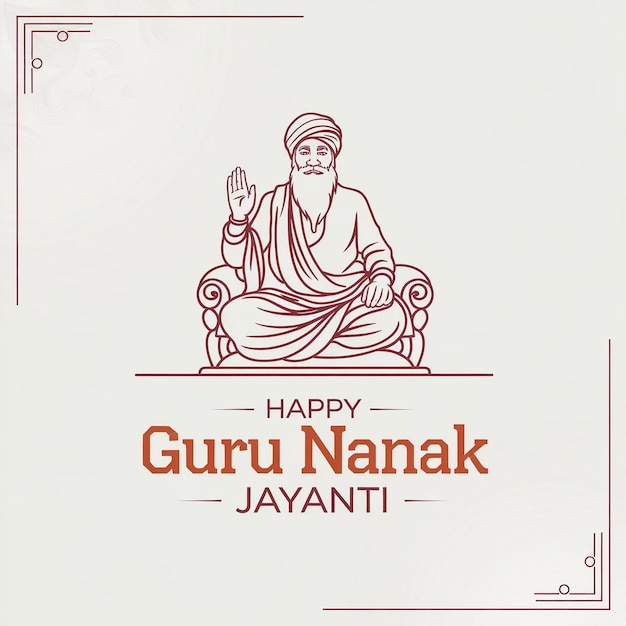 Banner Guru Nanak Jayanti przedstawiający Guru Nanak Dev Ji i tradycyjne ikony