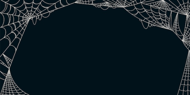 Banner Halloween z przerażającą ramką pająkowej sieci w ręcznie narysowanym stylu izolowanym na czarnym tle
