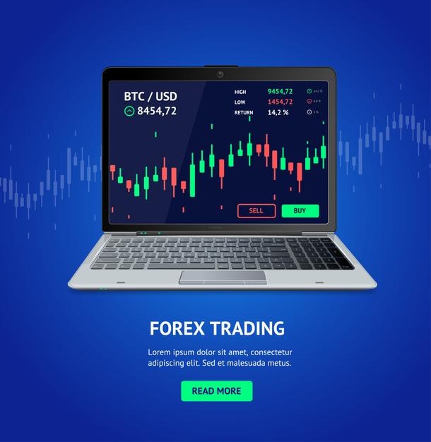 Banner handlowy Forex z realistyczną szczegółową ilustracją wektorową 3D na laptopie