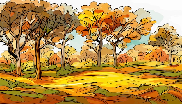 Plik wektorowy banner jesienny krajobraz las niebieski obłok niebo na tle wzgórz i gór żółte drzewa