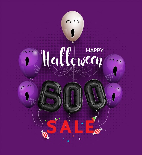 Banner Promocji Sprzedaży Z Halloweenowymi Cukierkami I Balonami Halloweenowymi Duchami