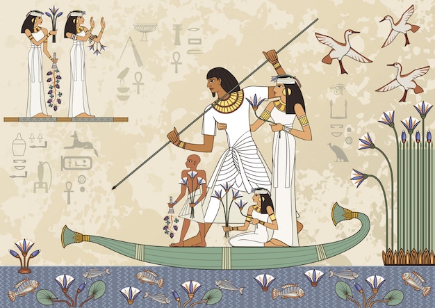 Banner Starożytnego Egiptu. Hieroglif Egipski I Symbol. Murale Ze Starożytnego Egiptu Sceny.