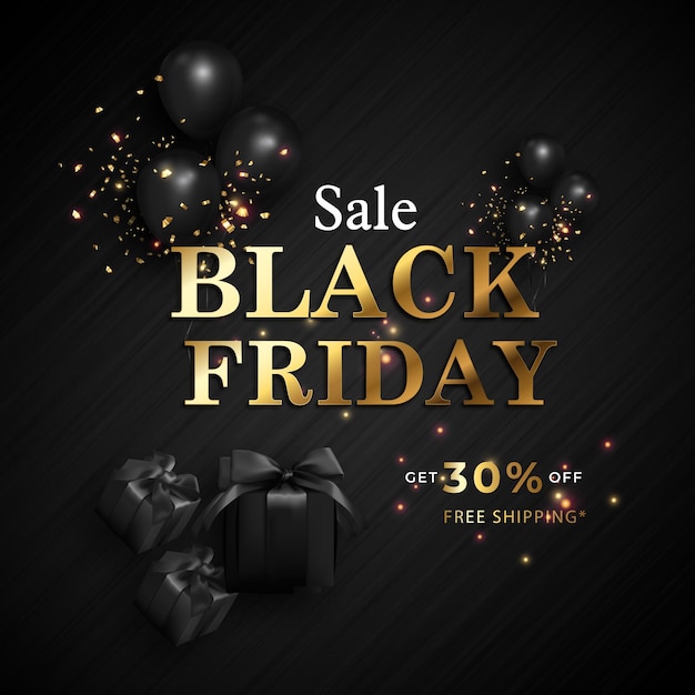 Banner typograficzny Black Friday Minimalistyczny symbol tekstu Black Friday z holograficznymi naklejkami