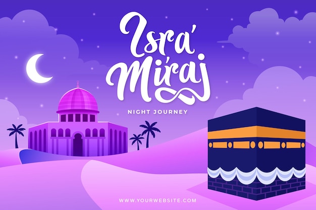 Banner wydarzenia Miraj Night Journey z meczetem i fioletowym gradientem