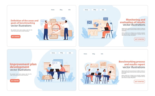 Plik wektorowy bannery internetowe do analizy porównawczej zawierają atrakcyjne ilustracje wektorowe dla stron internetowych szczegółowo określające cele analizy porównania