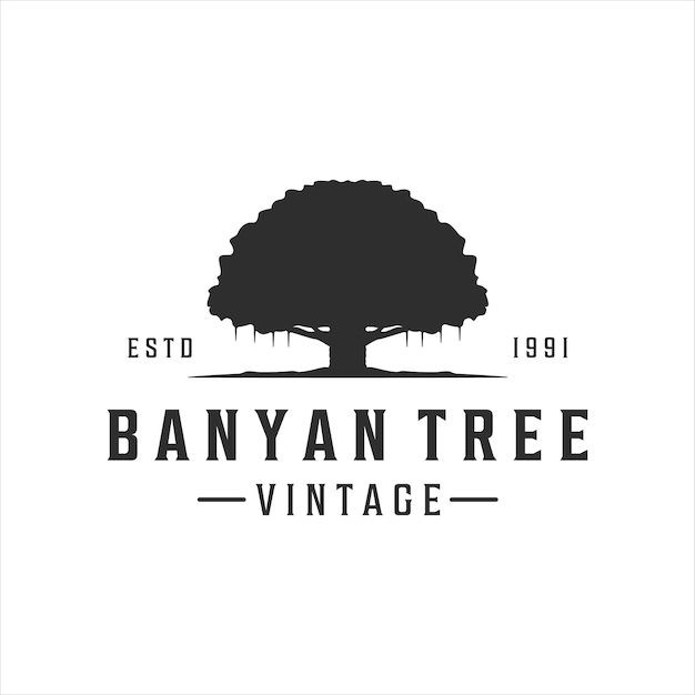 Banyan Drzewo Logo Vintage Wektor Ilustracja Szablon Ikona Projekt