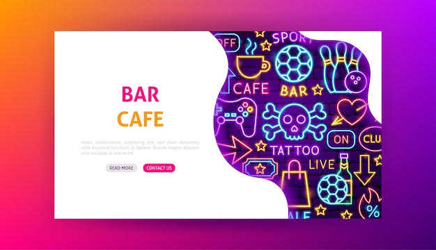 Bar Cafe Neon Landing Page. Ilustracja Wektorowa Promocji Ulicy.