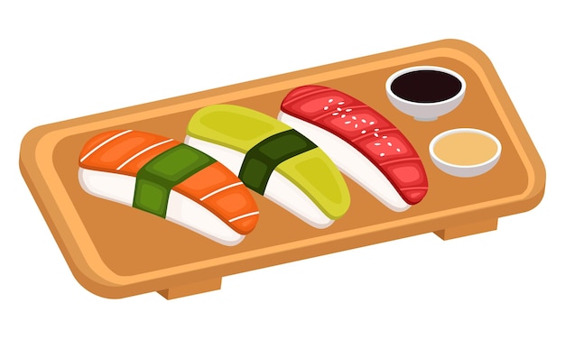 Bar sushi na drewnianym talerzu z awokado z łososia tuńczyka i sezamem