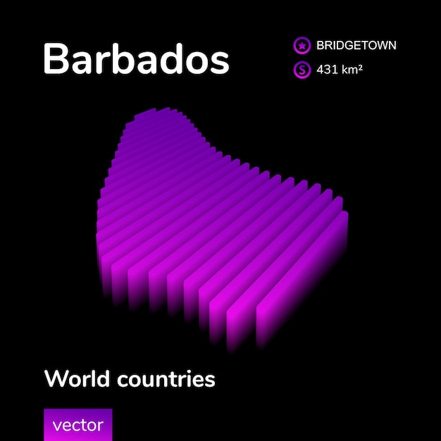 Barbados Mapa 3d Stylizowane Paski Wektor Neon Izometryczny Cyfrowa Mapa Barbados Jest W Fioletowych Kolorach Na Czarnym Tle Baner Edukacyjny