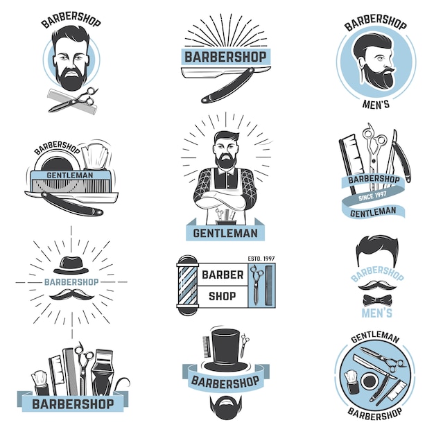 Plik wektorowy barbershop logo wektor fryzjer kawałki męskiej fryzury i kolczaste wąsy brodaty mężczyzna z brzytwą w salonie hipster na zestaw ilustracji logo na białym tle