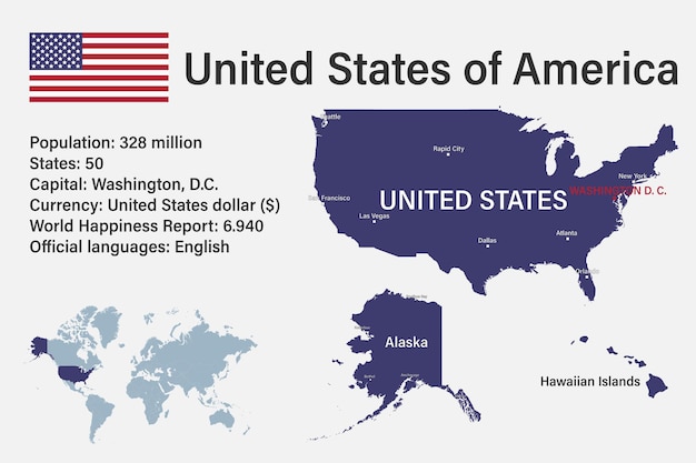 Plik wektorowy bardzo szczegółowa mapa usa ze stolicą flagi i małą mapą świata