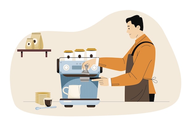 Barista parzący kawę za pomocą maszyny do espresso z kubkami z mlekiem i torbami kawy na półce Przygotowanie kawy Styl życia napojów Ilustracja wektorowa w stylu kreskówki