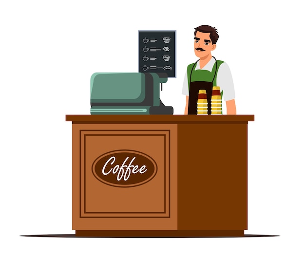 Plik wektorowy barista robi kawę wesoły mężczyzna w fartuchu stojący za ladą postać z kreskówki kafeteria pracownik trzymający kubek usługi cateringowe napoje sprzedaż biznes