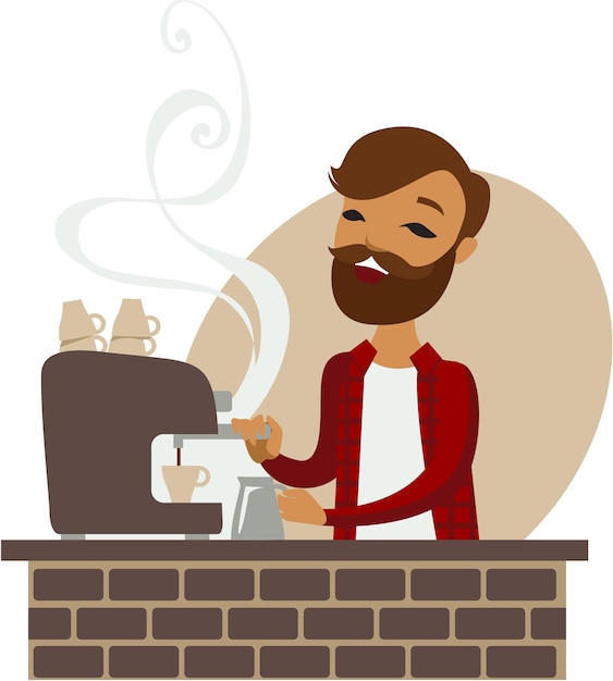 Barista Robi Kawie. Płaska Ilustracja Wektorowa