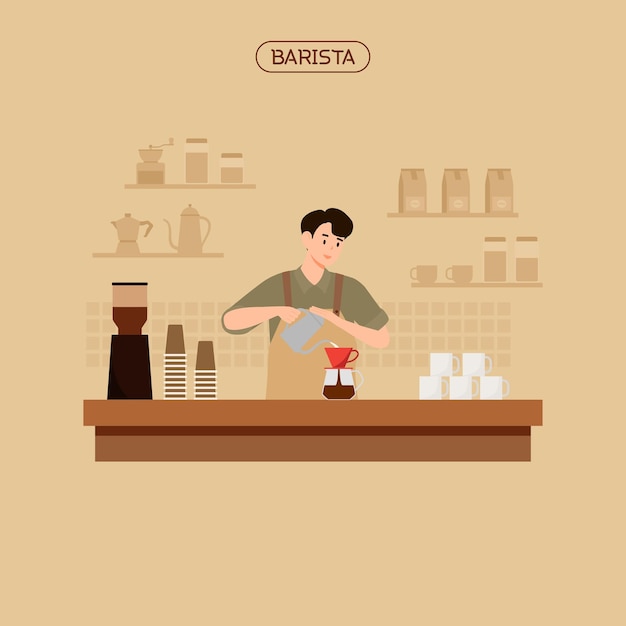 Plik wektorowy barista w pracy w kawiarni płaska konstrukcja ilustracji wektorowych
