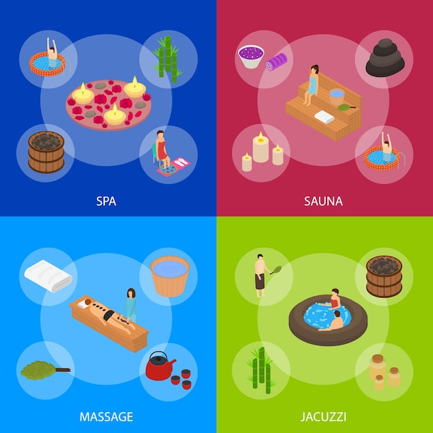 Bath House Concept Banner Set 3d Isometric View Vector