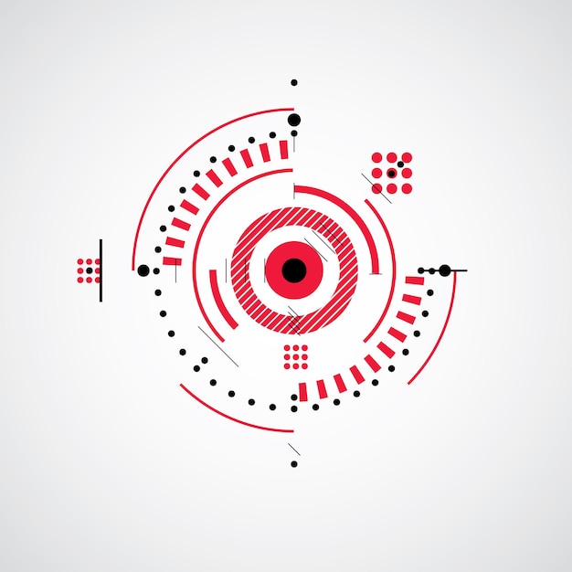 Bauhaus art, dekoracyjna modułowa tapeta czerwona w kolorze czerwonym wykonana za pomocą okręgów i linii. Wzór w stylu retro, tło graficzne do wykorzystania jako szablon okładki broszury. Ilustracja systemu inżynierskiego.