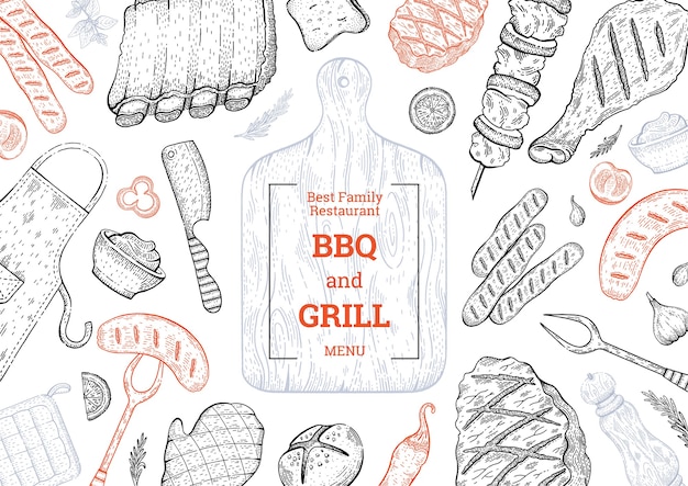 Bbq And Grill Menu, Tło żywności Z Grilla Z Mięsem Stek Kebab Z Kurczaka. Zabytkowy Styl.