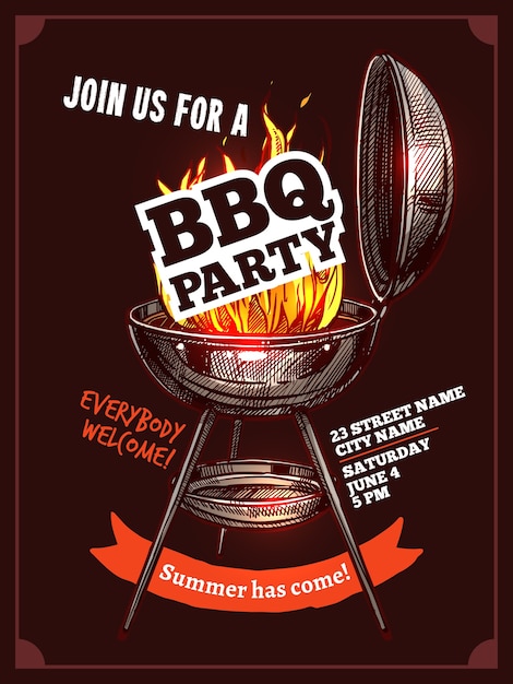 Bbq Barbecue Vintage Color Party Plakat Z Ogniem