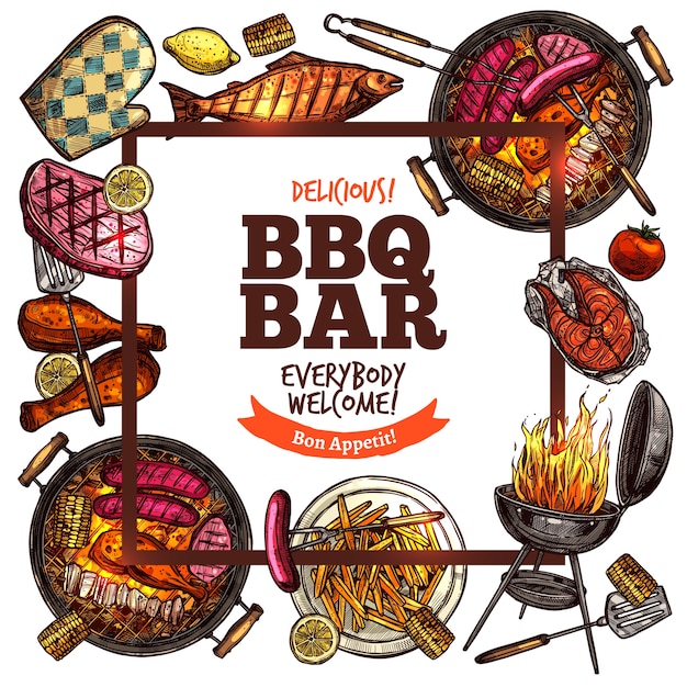 Plik wektorowy bbq grill bar kolor szkic z ramą kwadratową hipster