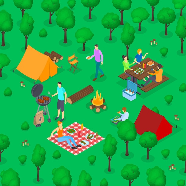 BBQ Picnic Concept 3d Isometric View Vector
