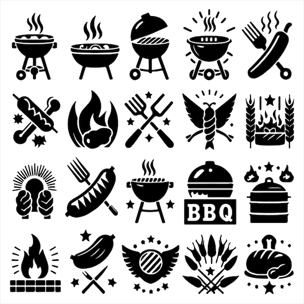 BBQ unikalne ikony projektowe wiązka sylwetka Wektorowy obraz grilla samochodowego z białym tłem Grill samochodowy