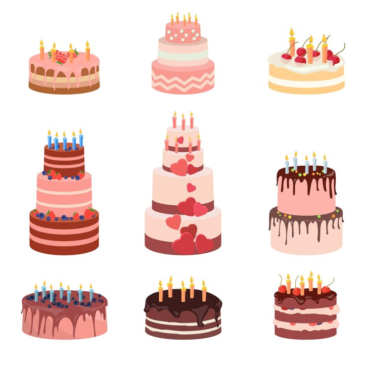 Wektor bday słodkie pieczone izolowane ciasta zestaw brązowy ciasto czekoladowe ciasto urodzinowe ze świecami i owocami wektor