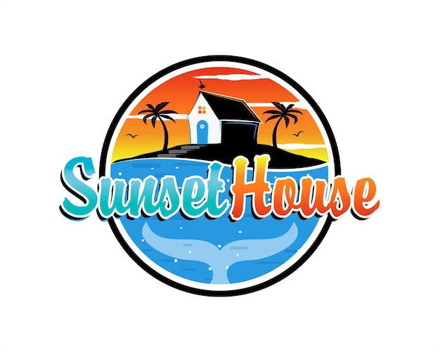 Plik wektorowy beach house sunset logo design szablon w ciepłych kolorach z białym tłem