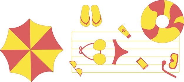 Beach Set Vector płaska ilustracja Czerwone i żółte akcesoria na białym tle
