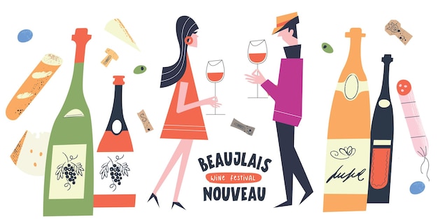 Beaujolais Nouveau Wine Festival Ilustracja Wektorowa Zestaw Elementów Projektu Na Festiwal Wina