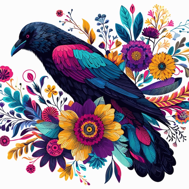 Beautiful Cute Raven Amp Flowers W Stylu Wektorowym