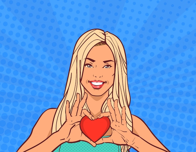 Beautiful Girl Holding Red Heart Shape Valentines Day Greeting Card Happy Smiling Over Comic Pop Art