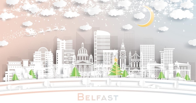 Belfast Irlandia Północna Zimowa Panorama Miasta W Stylu Paper Cut Z Płatkami śniegu Księżyc I Neon Garland Boże Narodzenie Nowy Rok Koncepcja święty Mikołaj Na Saniach Belfast Krajobraz Miejski Z Zabytkami