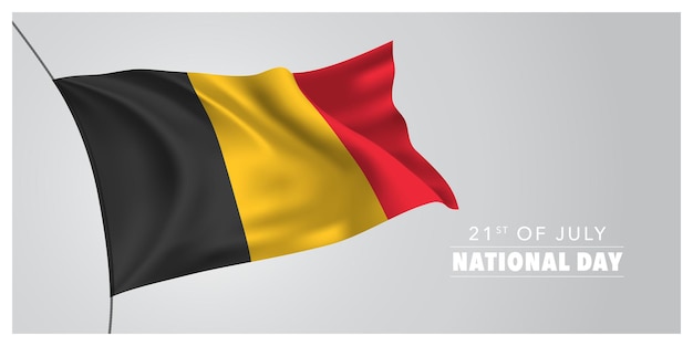 Belgia Szczęśliwy Dzień Narodowy Z życzeniami, Baner, Ilustracja Wektorowa Poziome. Belgijskie święto 21 Lipca Element Projektu Z Machającą Flagą Jako Symbolem Niepodległości