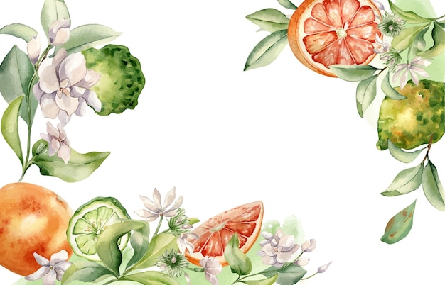 Bergamot i grapefruit zróżnicowane i kwiaty jasminu w akwarelach izolowane na granicy ręcznie narysowane jasne dojrzałe gałęzie cytrusowe drzewo owocowe i kwiat szkic botaniczny dla pakietu letni flory baner