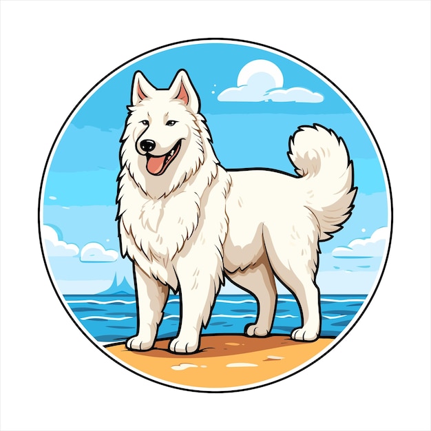 Plik wektorowy berger blanc suisse rasa psów kreskówka kawaii postać plaża lato zwierzę domowa nalepka ilustracja