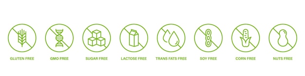 Bez Cukru Gmo Gluten Dairy Trans Fat Soy Corn Nuts Stop Green Sign Set Vegan Food Logo Free