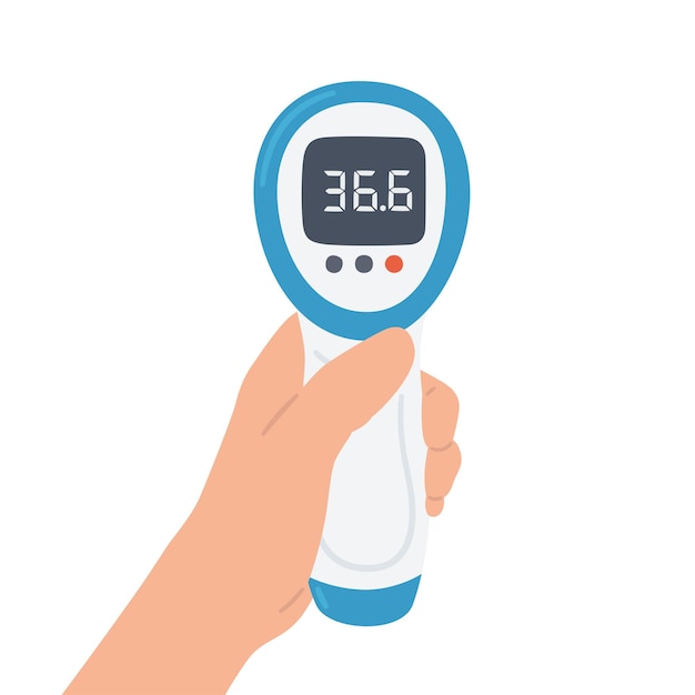 Bezdotykowy Termometr Elektroniczny Na Podczerwień Z Normalną Temperaturą W Dłoni. Medyczna Aparatura Pomiarowa. Obiekt Wektorowy Na Białym Tle Na Białym Tle