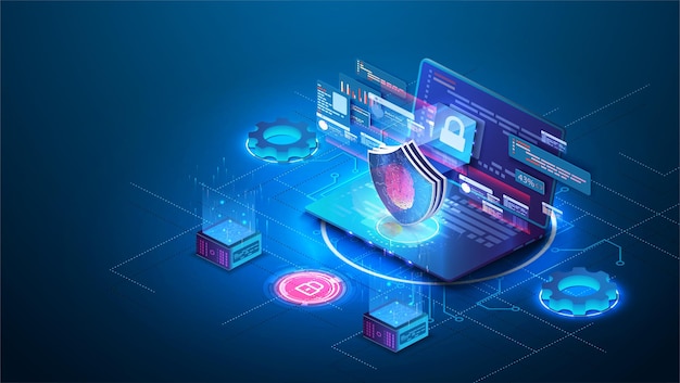 Bezpieczeństwo Koncepcja ochrony danych na niebieskim laptopie Mechanizm ochrony cyfrowej izometrycznej Prywatność systemu Okno z autoryzacją użytkownika Bezpieczeństwo zabezpieczenie danych Bezpieczeństwo technologii internetowych zabezpieczenie danych Wektor