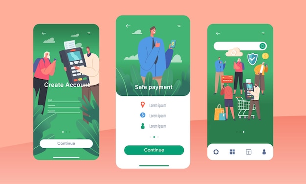 Bezpieczna Płatność Strona Aplikacji Mobilnej Szablon Ekranu Pokładowego Postacie Klientów Trzymają Gadżety Cyfrowe I Korzystają Z Terminala Pos
